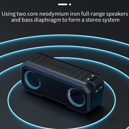 Waterproof Portable Bluetooth Speaker For Beach Camping And Backyard showing dual drivers, LED rings and stereo bass diaphragm