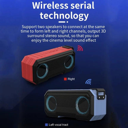 Waterproof Portable Bluetooth Speaker For Beach Camping And Backyard showing two speakers in wireless serial mode with blue and red units