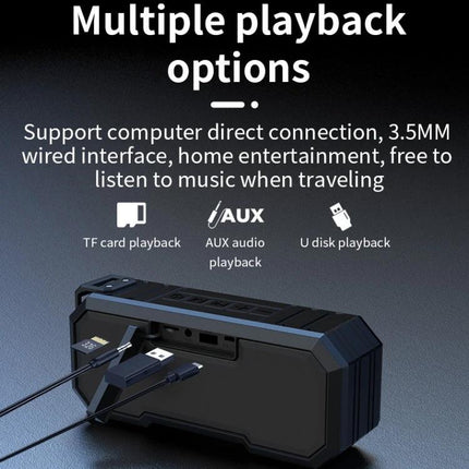 Waterproof Portable Bluetooth Speaker For Beach Camping And Backyard showing multiple playback options TF card AUX USB FM