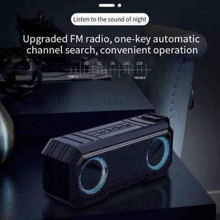 Waterproof Portable Bluetooth Speaker For Beach Camping And Backyard showing FM radio display and glowing speaker rings on table