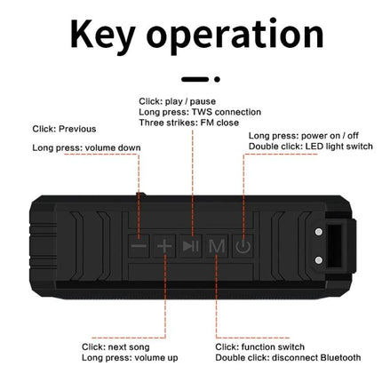 Waterproof Portable Bluetooth Speaker For Beach Camping And Backyard showing top button controls and functions diagram