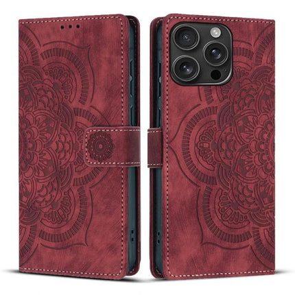 Mandala Embossed Leather Case For Daily Phone Essentials in red with mandala pattern, card slots and magnetic wallet-style folio