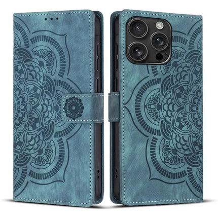 Mandala Embossed Leather Case For Daily Phone Essentials in teal with mandala pattern, card slots and magnetic wallet-style folio protection