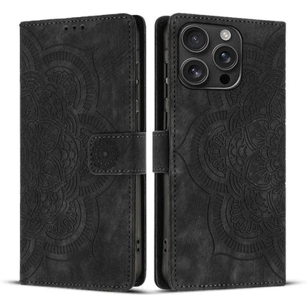 Mandala Embossed Leather Case For Daily Phone Essentials - black TPU PU wallet case with mandala pattern, card slots and cash pocket