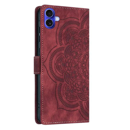 Retro Leather Phone Case With Card Slots – burgundy PU leather folio with embossed mandala, card slots, wrist strap and kickstand