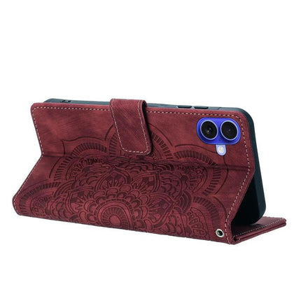 Retro Leather Phone Case With Card Slots - burgundy vintage PU leather wallet case with floral embossed design, wrist strap and kickstand