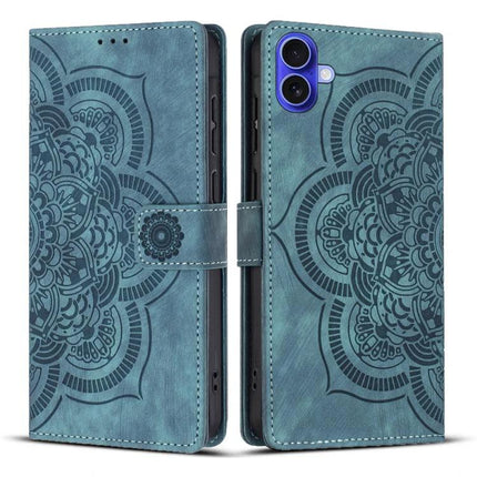 Retro Leather Phone Case With Card Slots in teal floral mandala design, wallet cover with card slots, wrist strap and kickstand, TPU core PU leather exterior