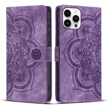 Retro Leather Phone Case With Card Slots in purple mandala PU leather folio with wrist strap, card slots, kickstand and TPU inner shell