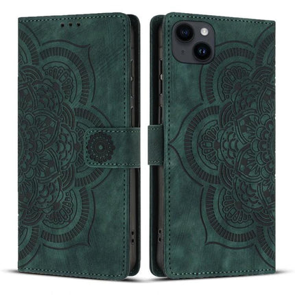 Retro Leather Phone Case With Card Slots in green PU leather with embossed mandala design, wrist strap, kickstand and TPU inner shell