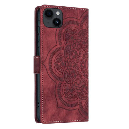 Phone Case With Card Storage For Everyday Protection And Quick Access On The Go Daily - red PU leather wallet cover with embossed mandala, TPU shell, 2–3 card slots