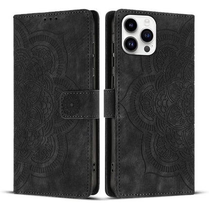Phone Case With Card Storage For Everyday Protection And Quick Access On The Go Daily - black PU leather wallet case with embossed mandala design, card slots