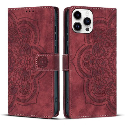 Mandala Leather Phone Case For Daily Use Protecting Your Phone During Errands And Commuting - red wallet-style mandala PU leather case with card slots and stand