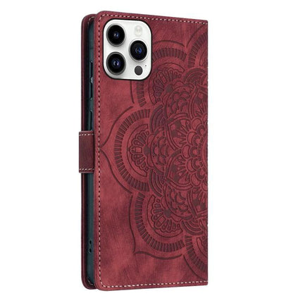 Mandala Leather Phone Case For Daily Use Protecting Your Phone During Errands And Commuting, burgundy wallet-style case with mandala pattern and card slots