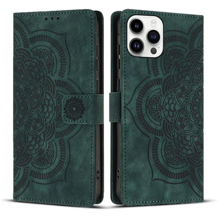 Mandala Leather Phone Case For Daily Use Protecting Your Phone During Errands And Commuting – green wallet-style PU leather case with mandala pattern, card slots and stand