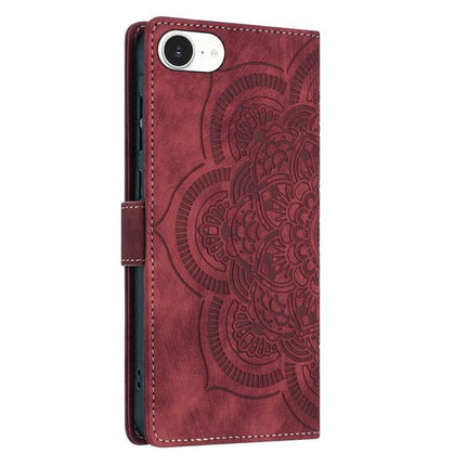 Mandala Embossed Leather Phone Case For Everyday Protection with red embossed mandala design, PU leather cover and TPU inner frame