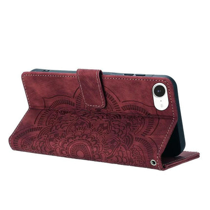 Mandala Embossed Leather Phone Case For Everyday Protection in burgundy PU leather with embossed mandala design and TPU frame, folded stand view