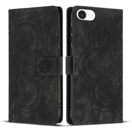 Mandala Embossed Leather Phone Case For Everyday Protection showing black embossed mandala wallet-style PU leather case with TPU inner frame