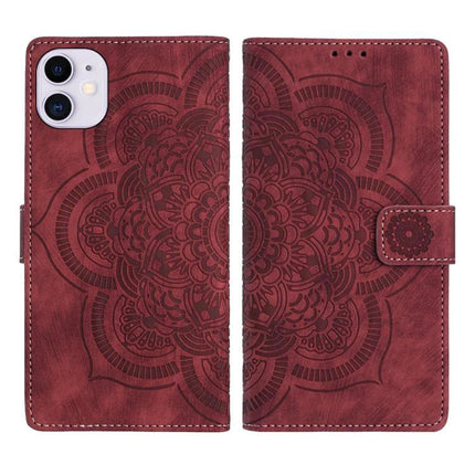Embossed Leather Phone Case With Card Slots - red embossed PU leather wallet case with mandala design, kickstand and card slots