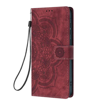 Embossed Leather Phone Case With Card Slots - red embossed PU leather wallet case with card slots, kickstand and wrist strap