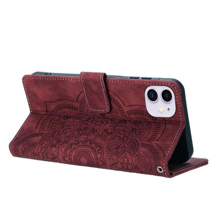 Embossed Leather Phone Case With Card Slots in burgundy PU leather with mandala embossing, kickstand and stitched edges for everyday protection