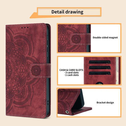 Embossed Leather Phone Case With Card Slots showing embossed PU leather, card slots, double-sided magnet closure and kickstand bracket