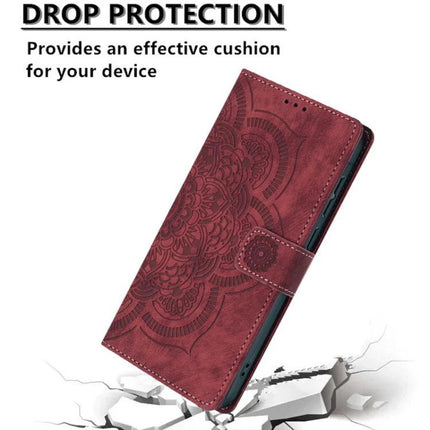 Embossed Leather Phone Case With Card Slots in burgundy embossed PU leather with card pockets and kickstand for drop protection