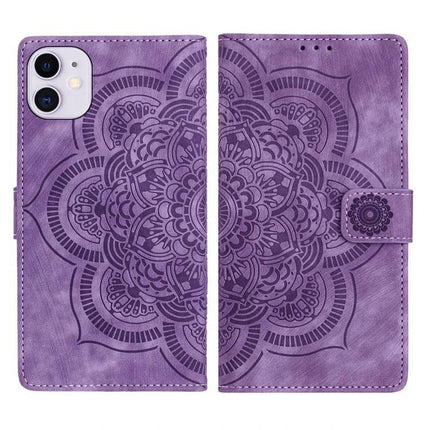 Embossed Leather Phone Case With Card Slots in purple mandala design with kickstand and card pockets