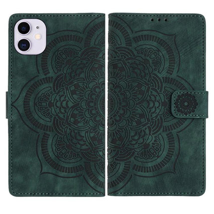 Embossed Leather Phone Case With Card Slots featuring green embossed mandala design, TPU inner shell, card slots and kickstand