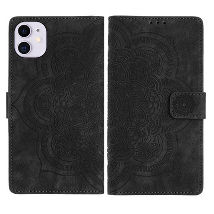 Embossed Leather Phone Case With Card Slots showing black embossed mandala PU leather wallet case with kickstand and card pockets