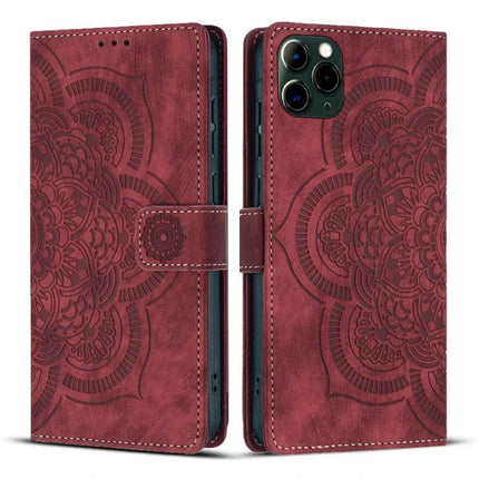 Embossed Leather Phone Case With Card Slots in red embossed PU leather with kickstand, magnetic clasp and TPU inner shell