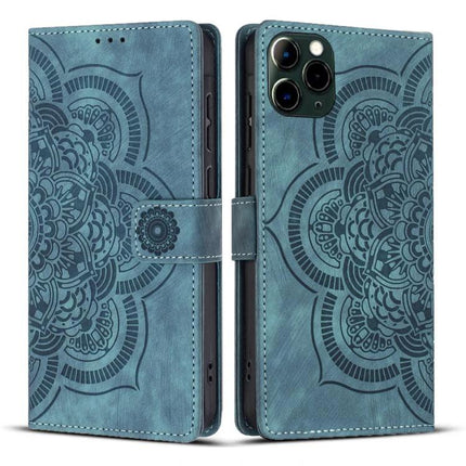 Embossed Leather Phone Case With Card Slots in teal with embossed mandala design, card slots and kickstand for hands-free use