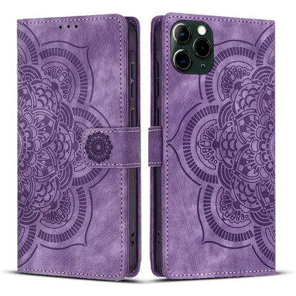 Embossed Leather Phone Case With Card Slots in purple embossed mandala wallet style with kickstand and camera cutout