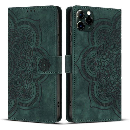 Embossed Leather Phone Case With Card Slots in green PU leather with embossed mandala design, card pockets and kickstand