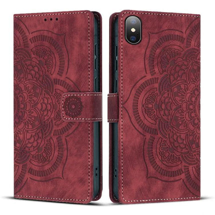 Embossed Leather Phone Case With Card Slots in burgundy PU leather with floral embossed design, card slots and kickstand, stitched folio wallet