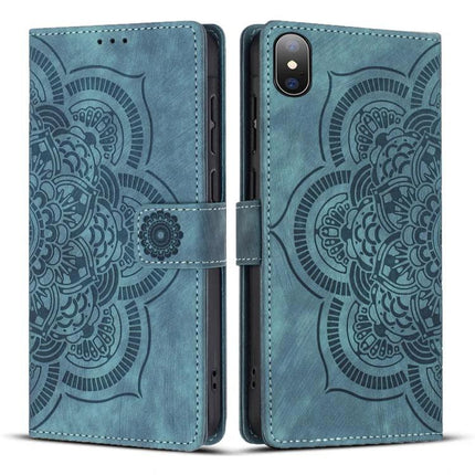 Embossed Leather Phone Case With Card Slots in teal faux leather mandala design with kickstand and camera cutout