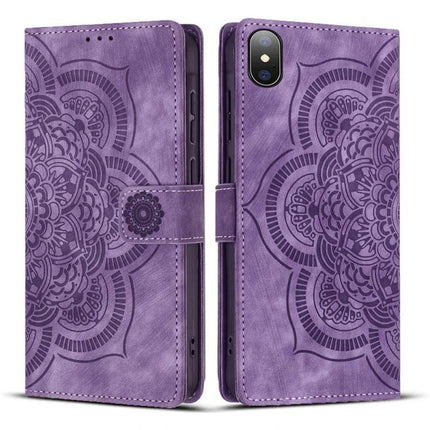 Embossed Leather Phone Case With Card Slots in purple mandala embossed PU leather with kickstand and TPU shell