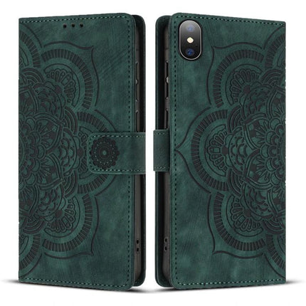 Embossed Leather Phone Case With Card Slots in green embossed PU leather with kickstand and card slots, durable TPU inner shell