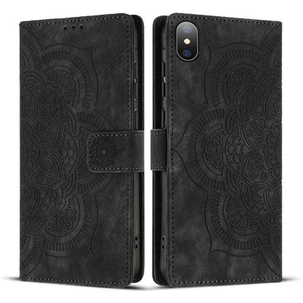 Embossed Leather Phone Case With Card Slots - black embossed PU leather wallet case with kickstand and card slots