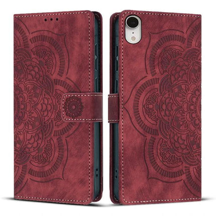 Embossed Leather Phone Case With Card Slots in red embossed PU leather with card slots and kickstand, vintage floral pattern