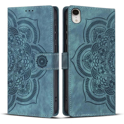 Embossed Leather Phone Case With Card Slots in teal PU leather with embossed mandala, TPU inner shell, card slots and kickstand for hands-free use