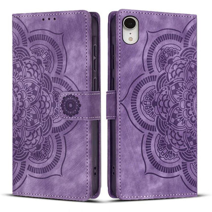 Embossed Leather Phone Case With Card Slots in purple mandala embossed PU leather with kickstand and card pockets