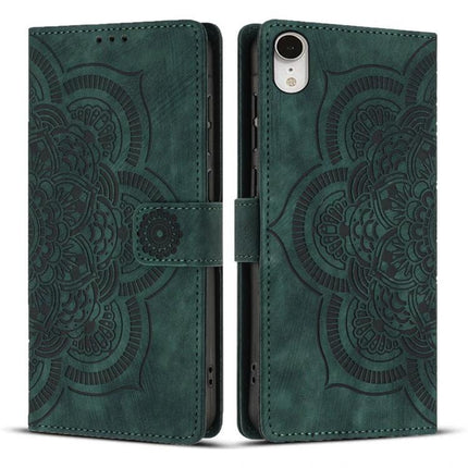Embossed Leather Phone Case With Card Slots in green embossed mandala design with kickstand and TPU shell