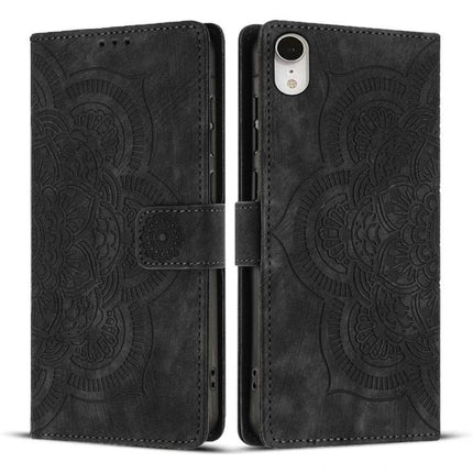 Embossed Leather Phone Case With Card Slots showing black embossed PU leather wallet case with card slots and kickstand