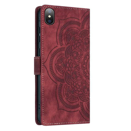 Mandala Embossed Leather Case With Card Slots - red folio wallet case with embossed mandala, wrist strap, card slots and kickstand