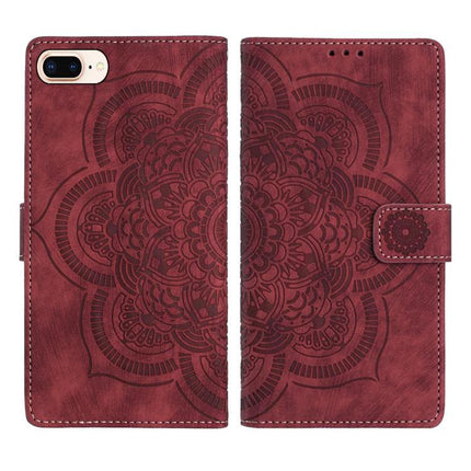 Mandala Embossed Leather Case With Card Slots in burgundy with wrist strap, card slots, cash compartment and kickstand