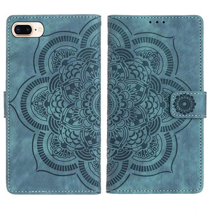 Mandala Embossed Leather Case With Card Slots in teal faux leather with wrist strap, card slots and foldable kickstand featuring intricate mandala design