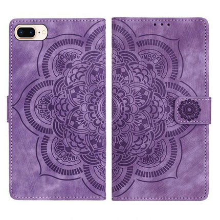 Mandala Embossed Leather Case With Card Slots purple wallet-style phone case with mandala embossing, wrist strap and kickstand