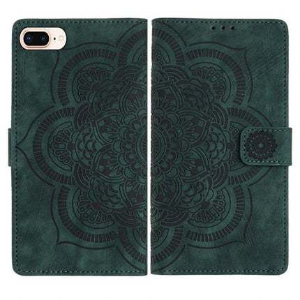Mandala Embossed Leather Case With Card Slots in green showing embossed mandala, wrist strap, card slots, and kickstand functionality