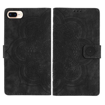 Mandala Embossed Leather Case With Card Slots in black with wrist strap, embossed mandala design and kickstand fold
