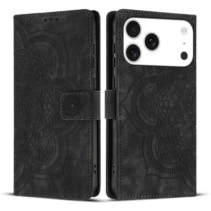Mandala Embossed Leather Phone Case For Everyday Protection - black wallet folio with embossed mandala design and TPU inner frame